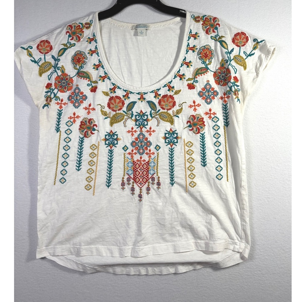 Sundance Embroidered Tee Women Small White Excellent Boho Floral Slub Knit Top